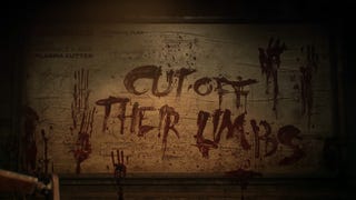A still from the Dead Space remake reveal trailer, showing the words "Cut off their limbs" scrawled on a wall in blood by a person who presumably had lost their pen.