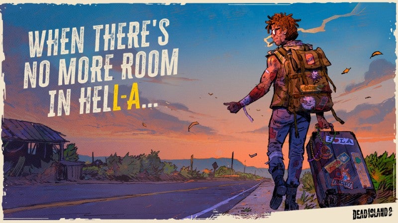 Jacob from Dead Island 2 attempt to hitch a ride out of LA, walking beside the road with his suitcase.