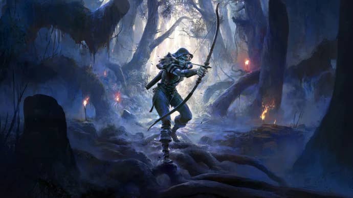 The Deadeye aims her bow in the middle of a dark forest in Path of Exile 2.