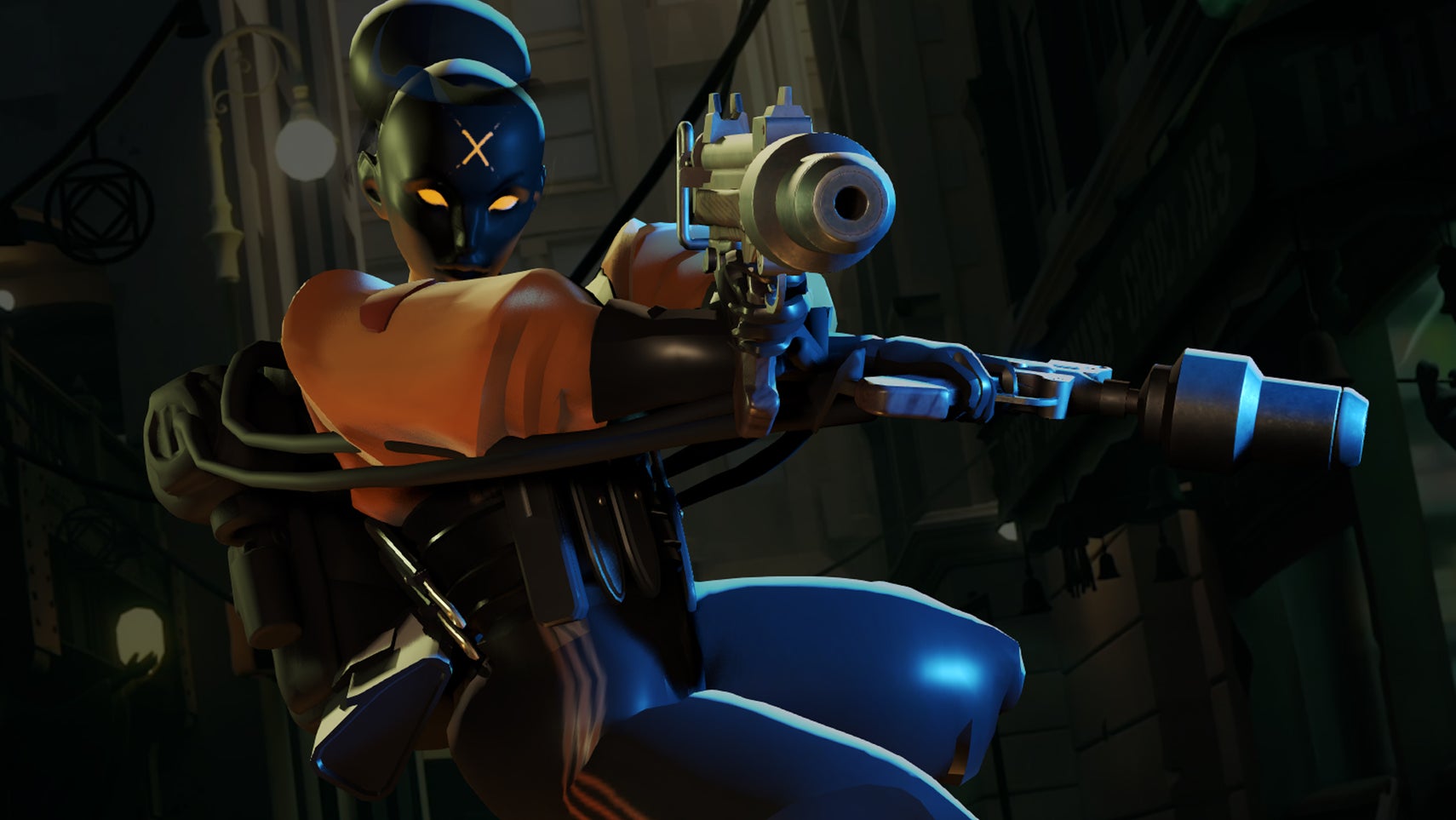 Haze, a Deadlock character whose body is completely black, eyes completely orange, an orange X on her forehead, pointing a gun towards something. - 1