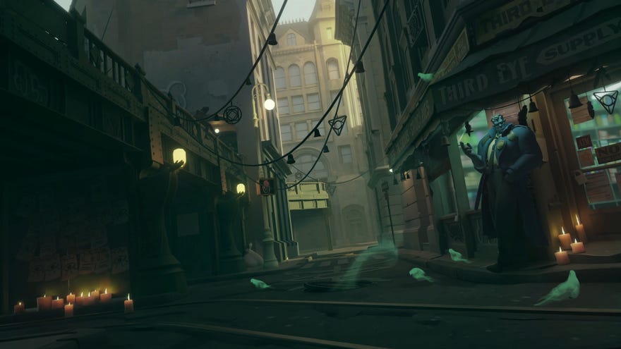 Some sort of monster guy hangs with some birds in a city street in Deadlock.