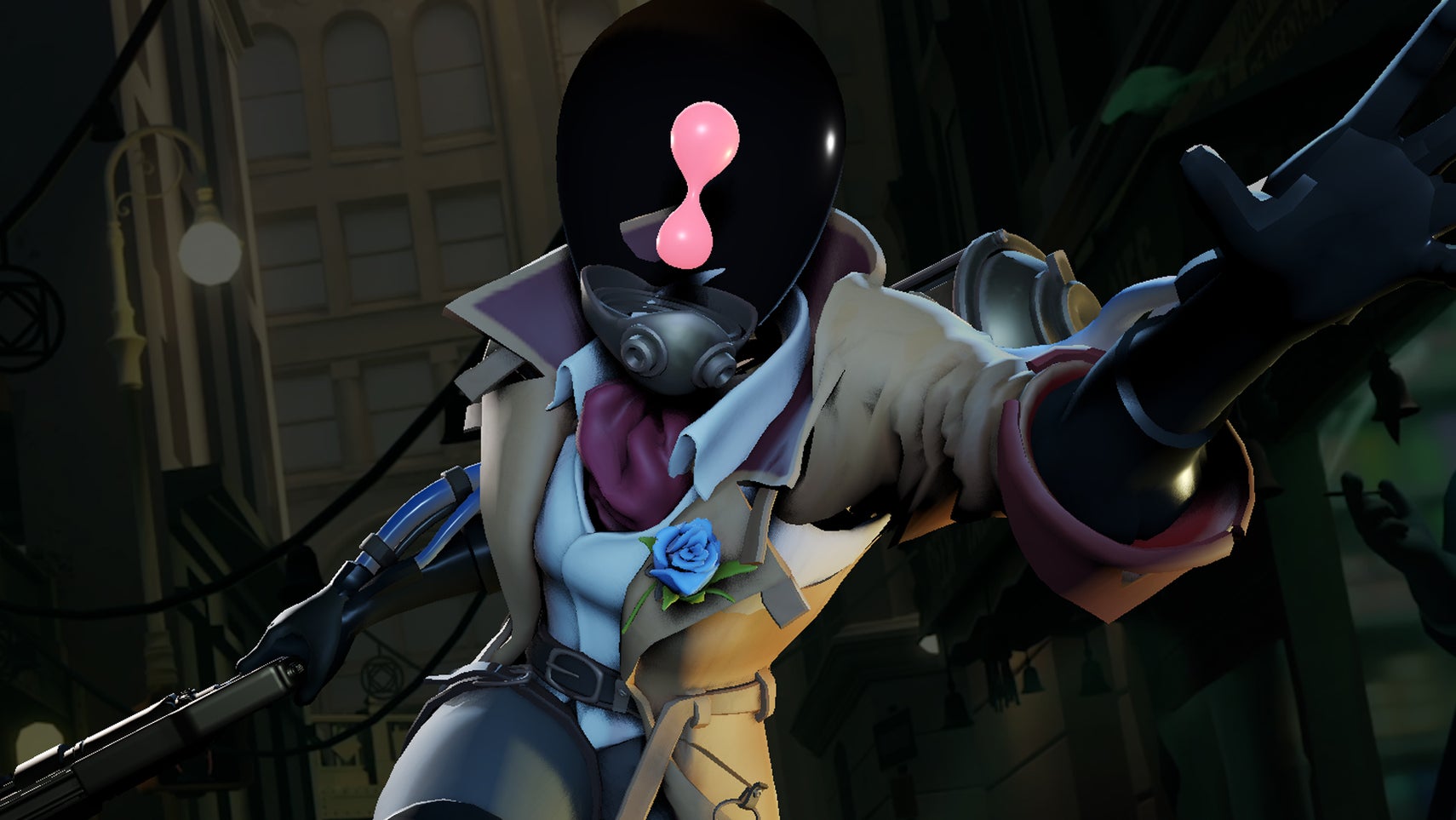 Paradox from Deadlock, they are wearing a trenchcoat and have a see through, glass-like head with a lava-lamp style goo sloating inside it. - 1