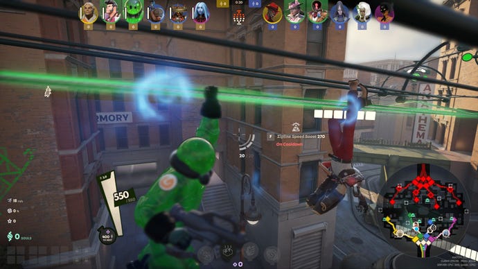 Viscous the goo man travels along a zipline.