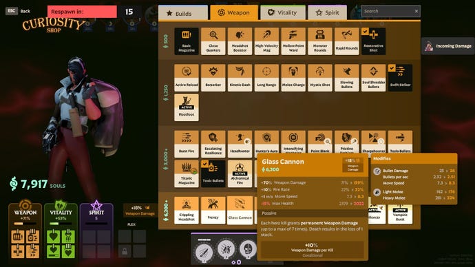 Shiv considers an item in the shop called “Glass Cannon” which will greatly increase his damage.