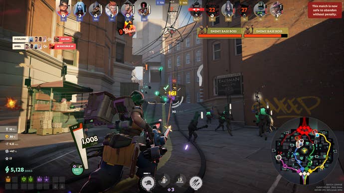 McGinnis fires her minigun into enemy minions while backed up by her own minions.