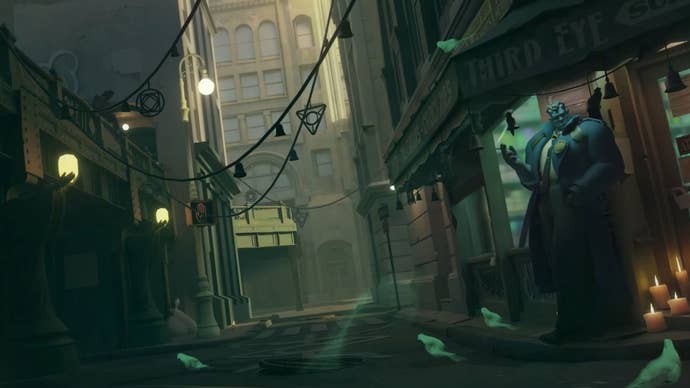 An orc-like cop is stood against a door in a 1900s-era street in Deadlock.