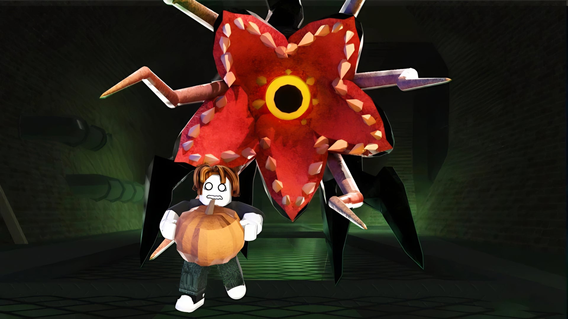 A header image for the Roblox game Deadly Delivery, featuring a man holding a pumpkin running away from a plant monster.
