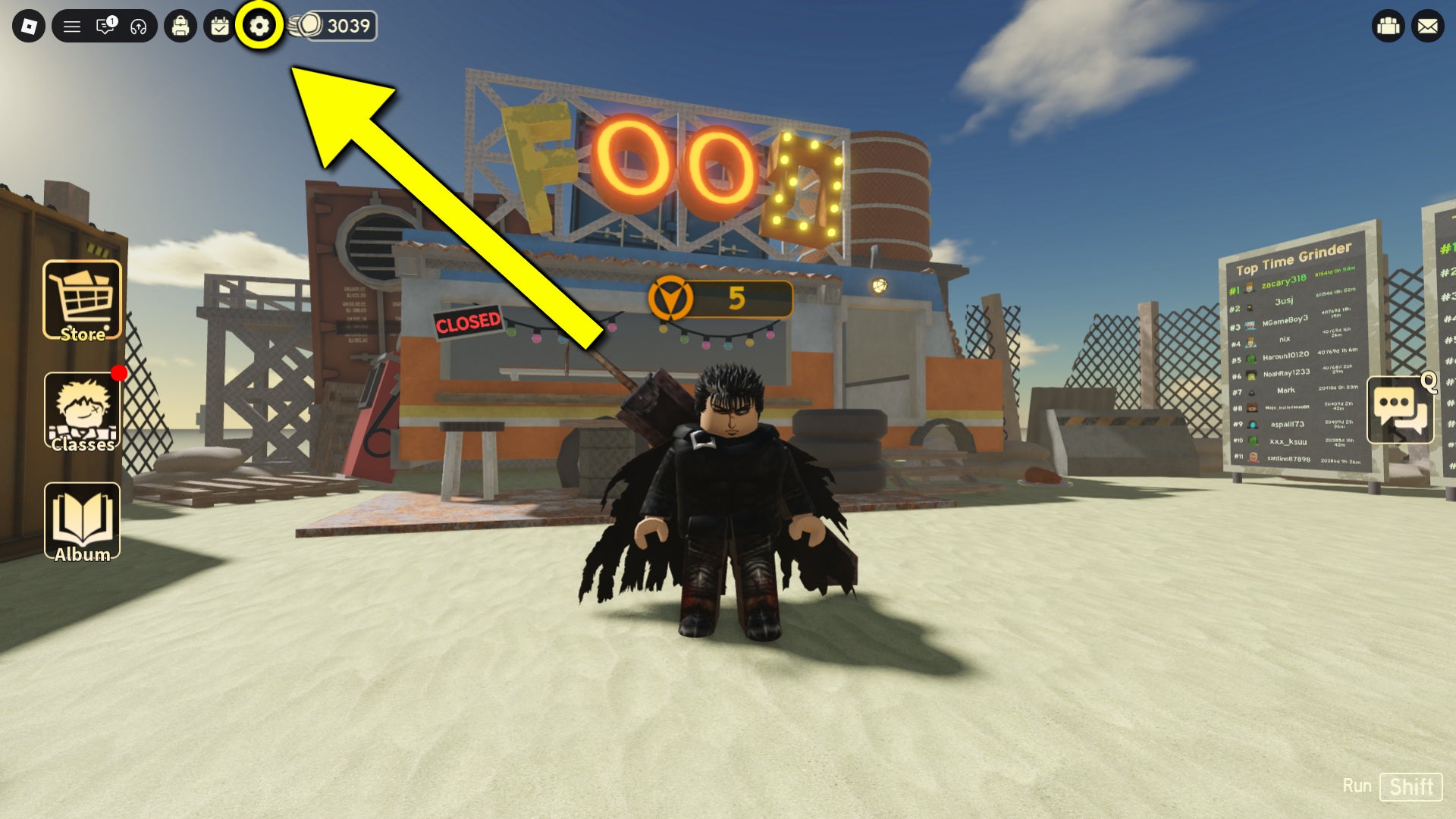 An in-game screenshot from the Roblox game Deadly Delivery, featuring an arrow pointing to the settings menu where you'll find the codes bar. - 3