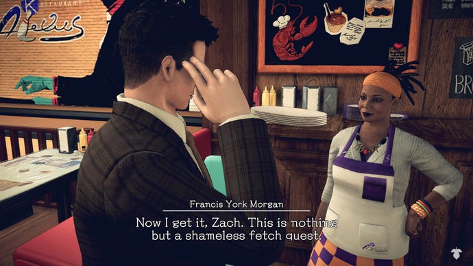 York saying ‘This is nothing but a shameless fetch quest’ in a Deadly Premonition 2 screenshot.
