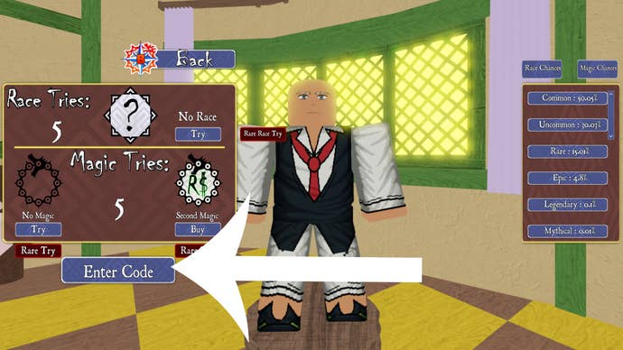 Arrow pointing at the codes screen in Roblox game Deadly Sins Retribution.