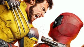 A poster for Deadpool & Wolverine showing the titular characters fighting, Deadpool pointing a gun at Wolverine, Wolverin pointing his claws at Deadpool.