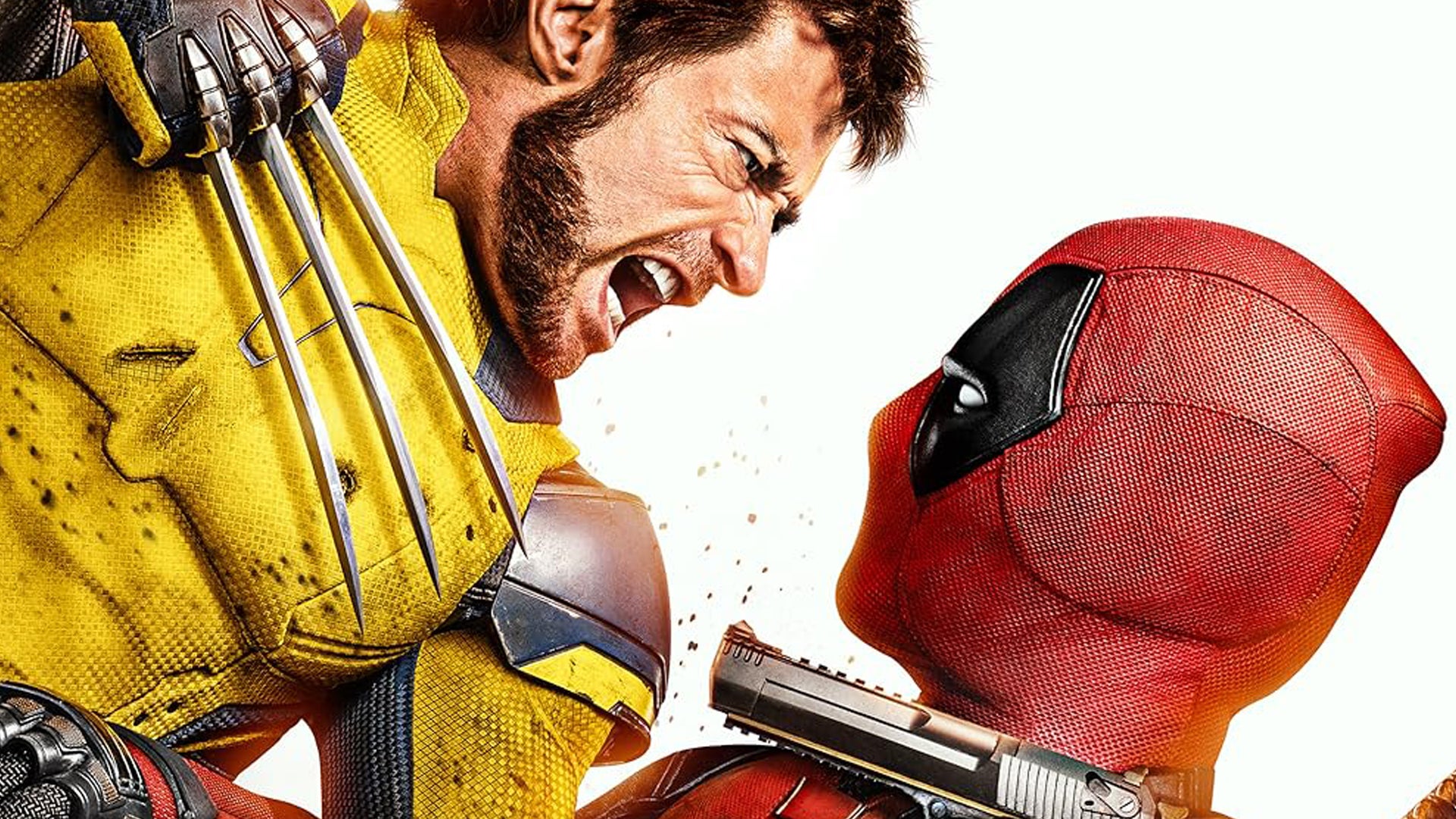 A poster for Deadpool & Wolverine showing the titular characters fighting, Deadpool pointing a gun at Wolverine, Wolverin pointing his claws at Deadpool. - 1