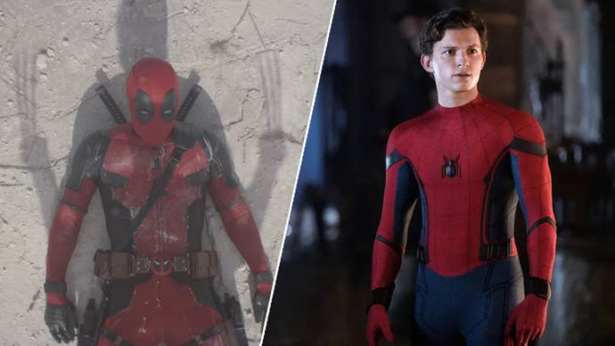 On the left, Deadpool lying on the ground, Wolverine’s shadow looming over him. On the right, Tom Holland’s Spider-Man stood with his mask off looking at something offscreen.