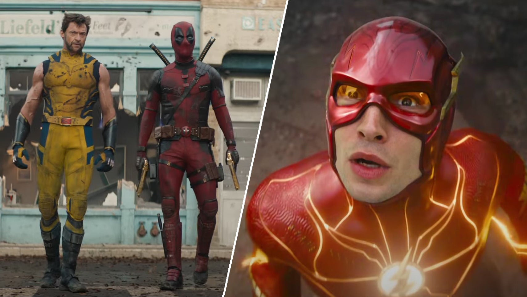 On the left, Wolverine and Deadpool are working along a street, buildings behind them slightly destroyed, Wolverine's suit damaged in Deadpool & Wolverine. On the right, Ezra Miller in The Flash wearing the iconic suit, looking up at the sky, an expression of concern on his face. - 1