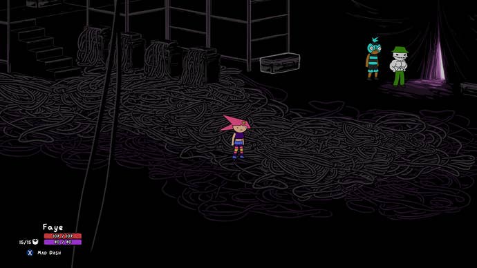 Faye stands in an ocean of tangled cables in Deathbulge: Battle Of The Bands