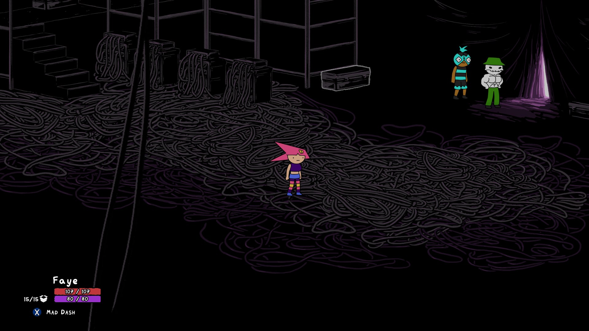 Faye stands in an ocean of tangled cables in Deathbulge: Battle Of The Bands - 1