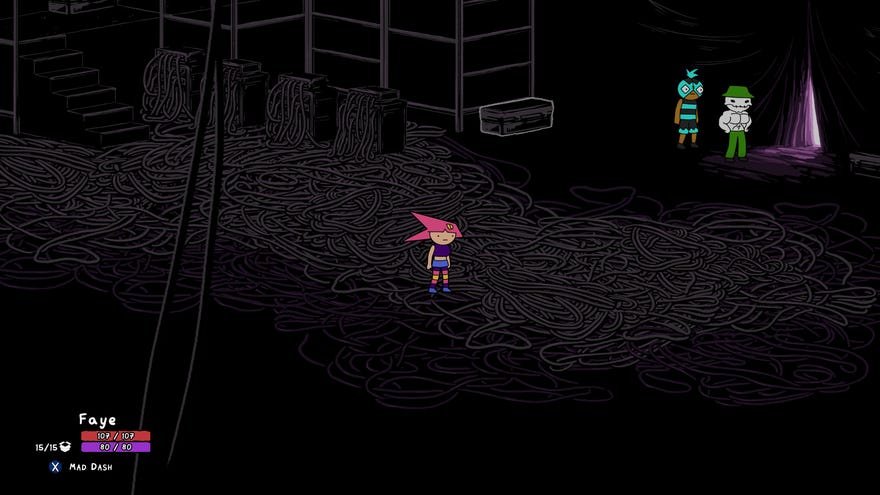 Faye stands in an ocean of tangled cables in Deathbulge: Battle Of The Bands