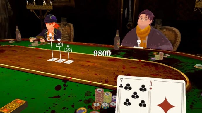 Players of a poker-like game sit around a blood-splattered table.