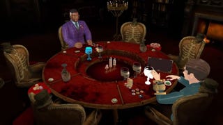 Two players bet life and limb at a round, scarlet table with ornate chairs decorated like human rib cages.