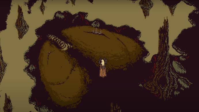 A screenshot from Death Howl showing an isometric view of the protagonist exploring what appears to be a cave with a giant pair of lungs embedded in the ground.