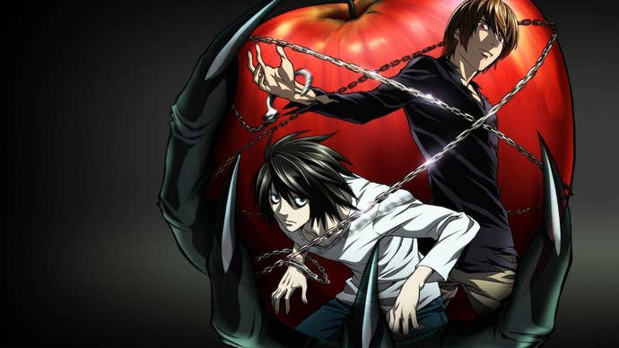 Death Note artwork showing two characters in white and black in front of an apple