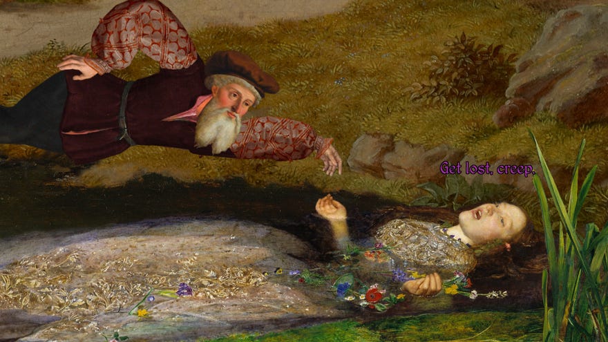 A screenshot of Death Of A Reprobate, showing a man lying next to a woman submerged in a pond, who is saying, "Get lost, creep."