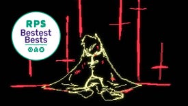 A character slumped over among red crosses in Death of a Wish, with the RPS Bestest Best logo in the corner