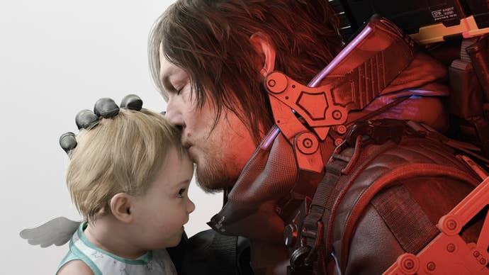 Obras de arte mostrando o protagonista de Death Stranding 2 Sam Porter Bridges beijando uma criança de cabelos loiros na testa.