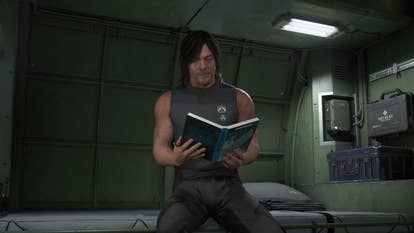 Death Stranding 2 screenshot showing Sam sat on a bed reading the book Moby Dick