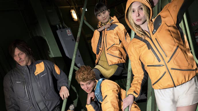 Some of the cast of Death Stranding 2 posed around a set of stairs.