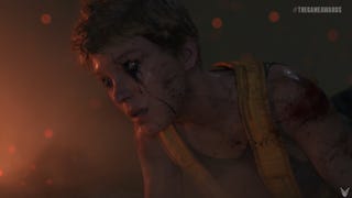 A woman with ink around her eyes crawls forward in Death Stranding 2