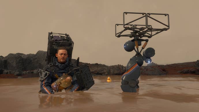 Sam sits in a hot spring with BB and Buddy Bot in Death Stranding Director’s Cut