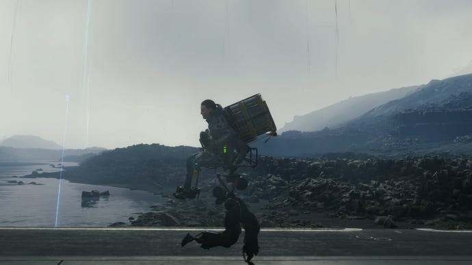 Sam Bridges is being carried by a buddy bot in Death Stranding’s Director’s Cut