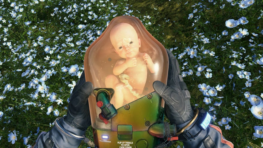 BB over a field of flowers in a Death Stranding Director’s Cut screenshot.