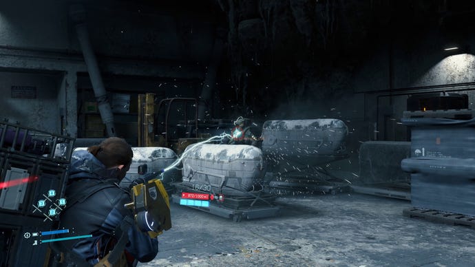 Sam fires bolts of electricity from his new Maser Gun at a Mule in a factory in Death Stranding Director’s Cut