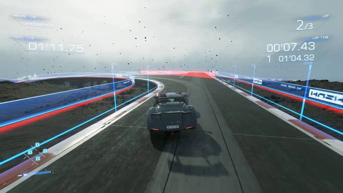 Sam drives a dark blue car on the race track in Death Stranding Director’s Cut