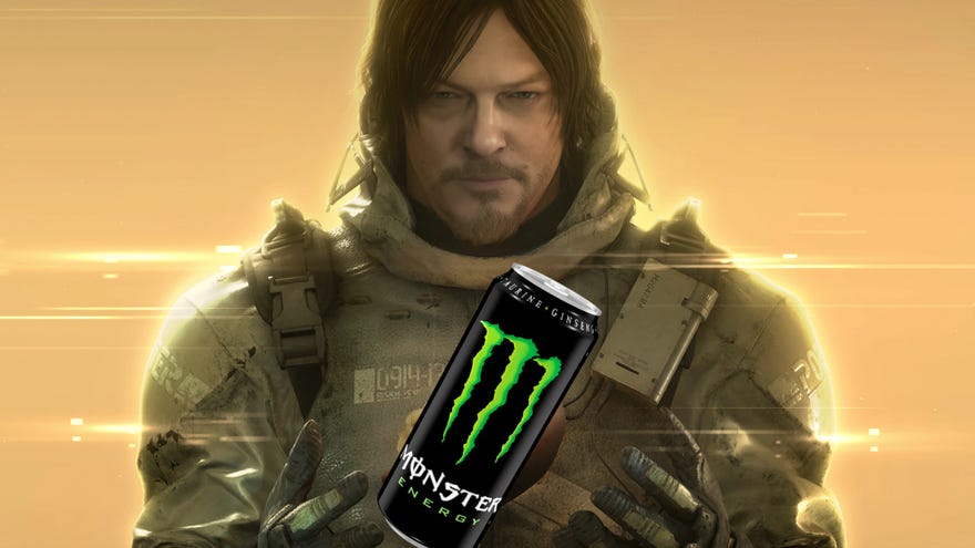 A screenshot of Norman Reedus’s character Sam Porter Bridges from Death Stranding, looking at the camera with hands raised - but between those hands, instead of a baby, is a can of monster energy drink