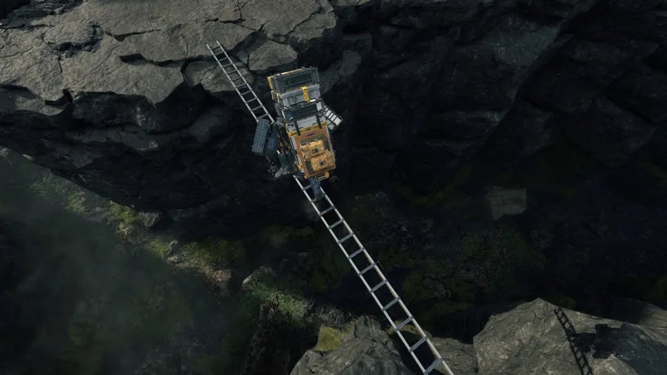 Sam Porter Bridges trên một chiếc thang lớn mang hành lý qua vực thẳm.