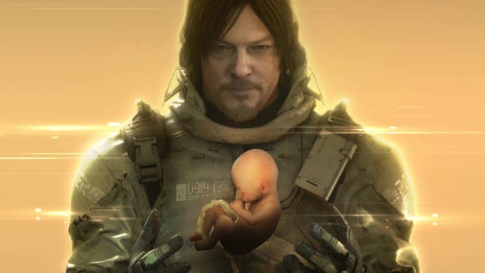 Sam levitates a baby in Death Stranding artwork.