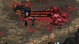 A close-up of the player character in Death Trash asking what's up with all the meat on the ground everywhere