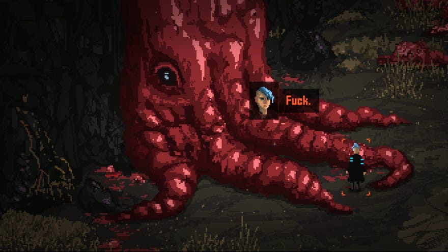 A small human says “Fuck,” as they stand in front of a huge, tentacled meat monster in Death Trash