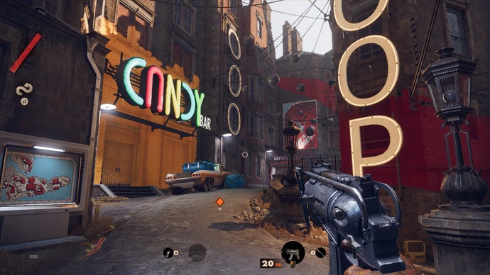 A screenshot of Deathloop running at 1080p, with Medium graphics and the FSR Ultra setting.