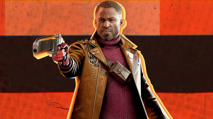 Deathloop’s Colt Vahn pointing his gun in front of him, in front of an orange and black background