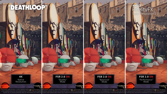 A side-by-side comparison image showing various AMD FSR 2.0 settings in Deathloop.