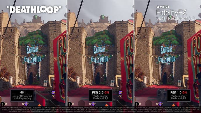 A side-by-side comparison image sshowing how FSR 2.0 compares to FSR 1.0 in Deathloop.