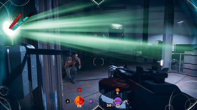 Julianna spots Colt running through a warehouse in Deathloop