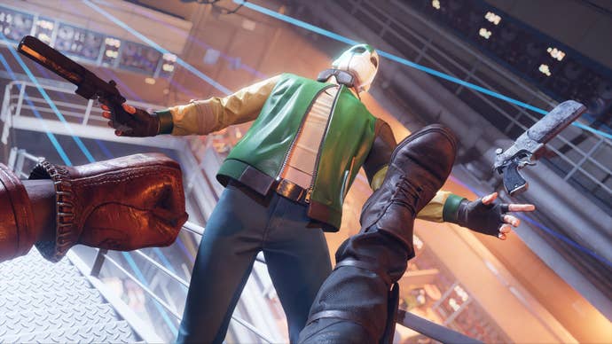 A big kick in a Deathloop screenshot.