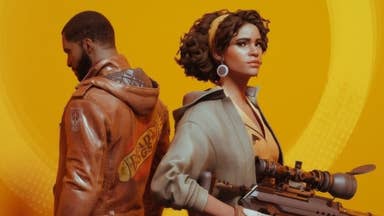 Deathloop artwork showing protagonist Colt Vahn and antagonist Julianna Blake standing back to back.