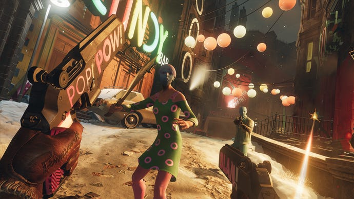 A scary masked lady in Deathloop trying to slice you up.