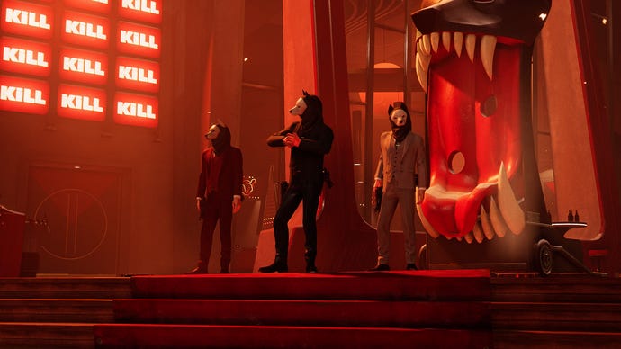 Some masked dudes bathed in red light in Deathloop.